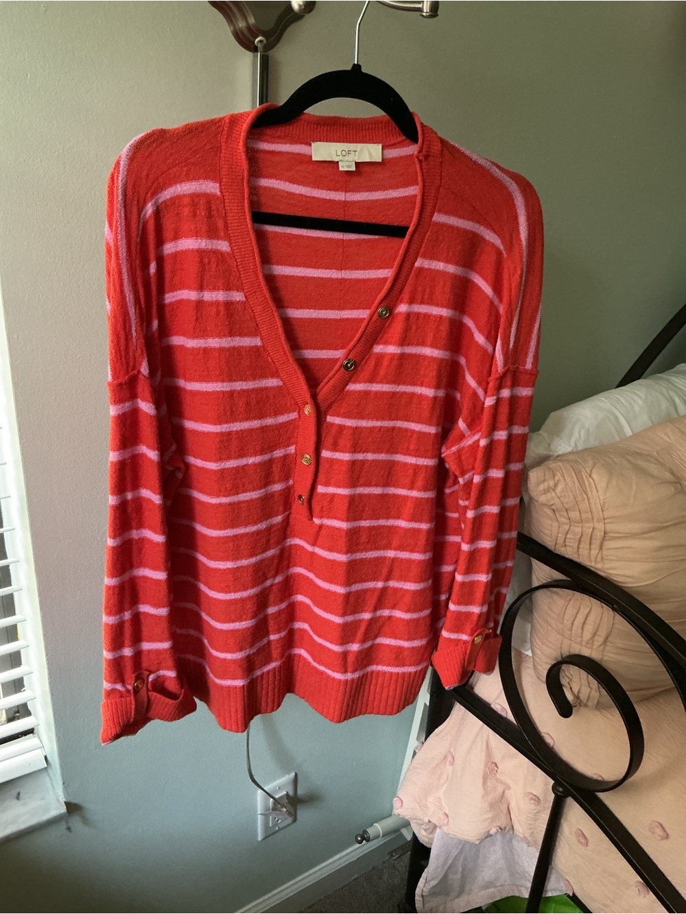 LOFT Coral and Light Pink Striped Oversized V-Neck Button Pullover